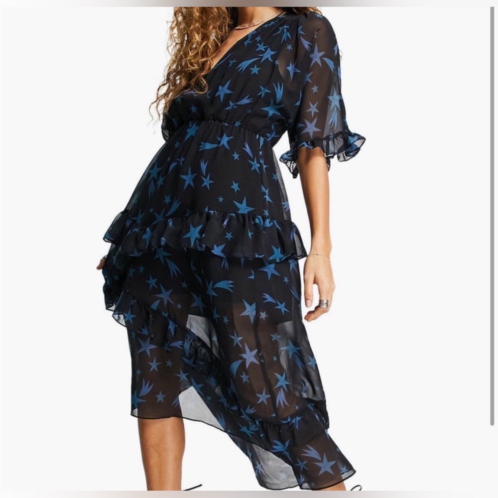 TOPSHOP Black Blue Star Print Asymmetrical Midi Dress Ruffle Hem V-Neck US 8 EUC
